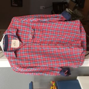 M Hollister Raspberry Blue & Red Button Down Plaid Top.